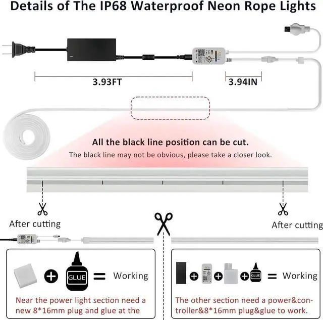 Alt view image 5 of 7 - Neon Rope Lights, 16.4FT/5M RGB LED Strip Lights App Control, IR Remote, Music Syncing,Outdoor IP67 Waterproof, Flexible DIY Design for Bedroom, Living, Gaming, Party Decoration