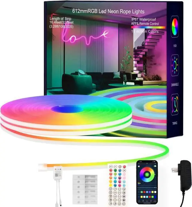 Main image of Neon Rope Lights, 16.4FT/5M RGB LED Strip Lights App Control, IR Remote, Music Syncing,Outdoor IP67 Waterproof, Flexible DIY Design for Bedroom, Living, Gaming, Party Decoration