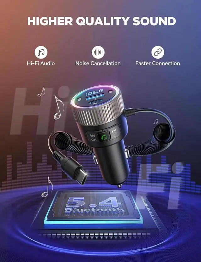 Alt view image 5 of 7 - Bluetooth 5.4 FM Transmitter Car Adapter 60W [PD 30W & Type C Coiled Cable 30W] Wireless Radio Music Player Bluetooth Car Kit Hands-Free Call USB C Cigarette Lighter Adapter Support USB Drive