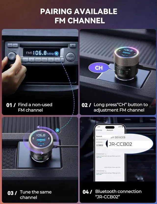 Alt view image 2 of 7 - Bluetooth 5.4 FM Transmitter Car Adapter 60W [PD 30W & Type C Coiled Cable 30W] Wireless Radio Music Player Bluetooth Car Kit Hands-Free Call USB C Cigarette Lighter Adapter Support USB Drive
