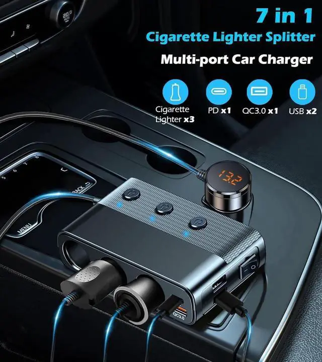 Alt view image 4 of 6 - 7 in 1 Car Charger, Cigarette Lighter Splitter Car Charger Adapter, Type-C QC3.0 PD 30W Charging, Dual USB Charging Ports, Independent Switches, LED Voltmeter, Plug Outlet 12V/24V (3.3ft Cable)