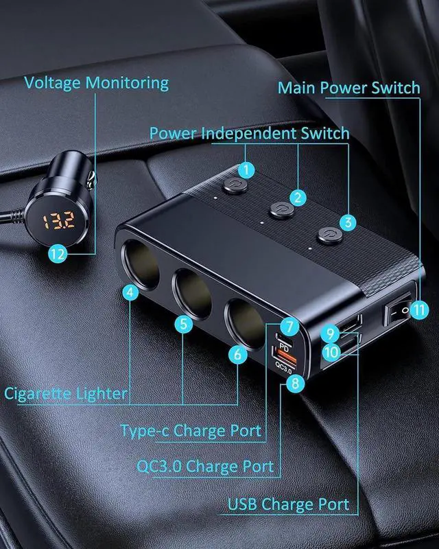 Alt view image 5 of 6 - 7 in 1 Car Charger, Cigarette Lighter Splitter Car Charger Adapter, Type-C QC3.0 PD 30W Charging, Dual USB Charging Ports, Independent Switches, LED Voltmeter, Plug Outlet 12V/24V (3.3ft Cable)
