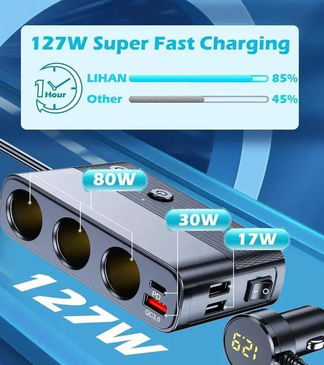 Alt view image 6 of 6 - 7 in 1 Car Charger, Cigarette Lighter Splitter Car Charger Adapter, Type-C QC3.0 PD 30W Charging, Dual USB Charging Ports, Independent Switches, LED Voltmeter, Plug Outlet 12V/24V (3.3ft Cable)