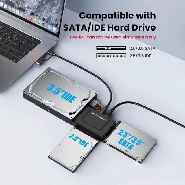 Alt view image 7 of 7 - USB 3.0 to IDE SATA Adapter, USB 3.0 Type C Hard Drive Reader External HDD Converter for 2.5/3.5 inches IDE SATA HDD SSD, DVD/CD Optical Drive, 12V/2A Power Adapter Included