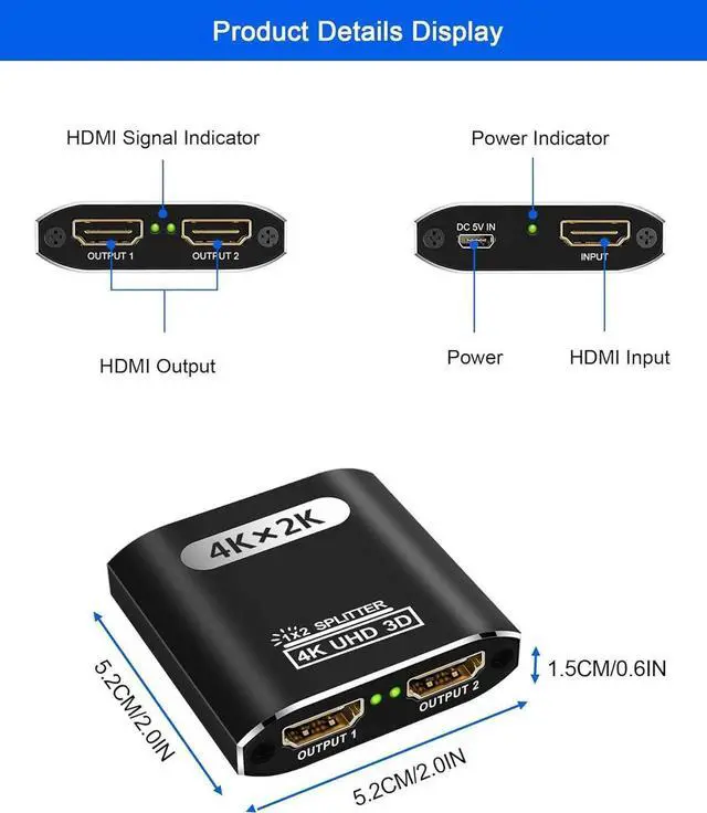 Alt view image 2 of 7 - HDMI Splitter 1 in 2 Out, 4K HDMI Splitter for Dual Monitors Supports 3D Full HD 1080P Aluminum HDMI Spliter Dual Monitor HDMI Adapter Compatible for PS4 Fire Stick HDTV(1 Source to 2 Displays)