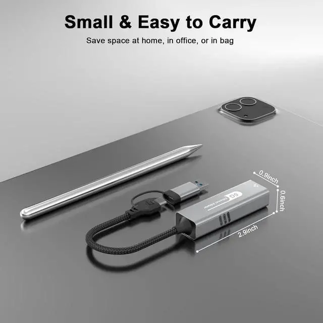 Alt view image 2 of 7 - USB C to Ethernet Adapter 5Gbps, 2-in-1 USB to 5Gbps Ethernet Cable, 5000Mbps Type C to RJ45 Network LAN Internet Converter, Aluminum Case Compatible for i-Phone 16 15 Pro Max, MacBook Pro/Air