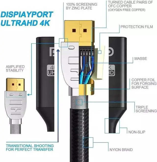 Alt view image 2 of 7 - DisplayPort to HDMI Cable 6ft/1.8M, 4K DP to HDMI Cable [Gold-Plated Plug, Aluminium Shell] Nylon Braided Uni-Direction Display Port to HDMI Lead, Compatible with Lenovo, HP, DELL, AMD, NVIDIA