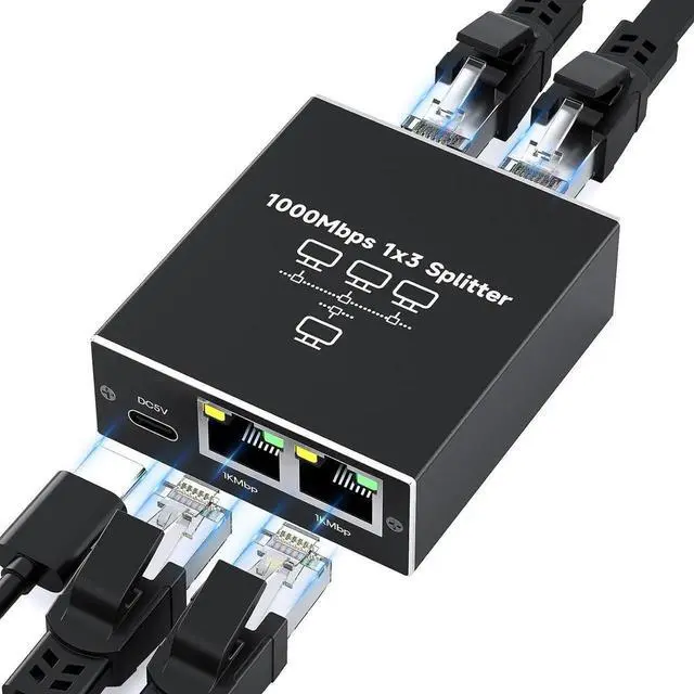 Main image of r Gigabit Ethernet Splitter 1 to 3, High-Speed 1000Mbps Ethernet Network Splitter with USB Power Cable, RJ45 LAN Splitter Adapter for Cat 5/5e/6/7/8 Cable, Plug and Play