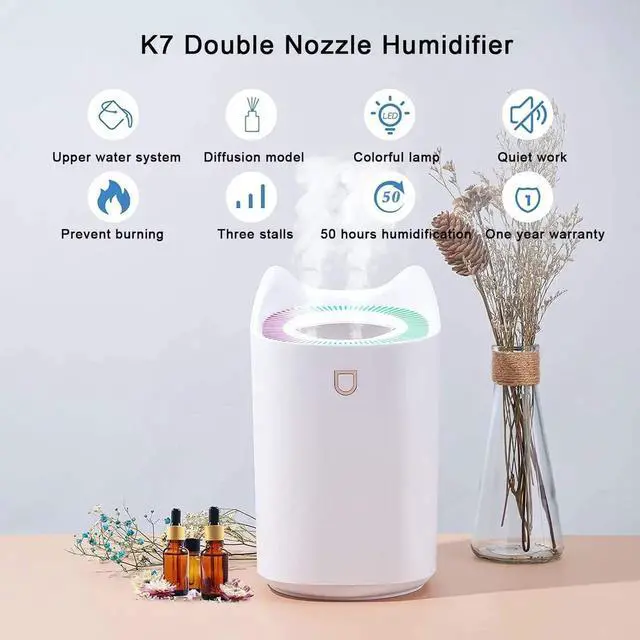 Alt view image 5 of 5 - 3L Cool Mist Humidifiers, Diffuser for Essential Oils,Quiet Ultrasonic Humidifier for Bedroom,Large Home,Baby Room,Plant,Up to 50 Hours Time with Adjustable Double Spray,Colorful Lights,Easy to Clean