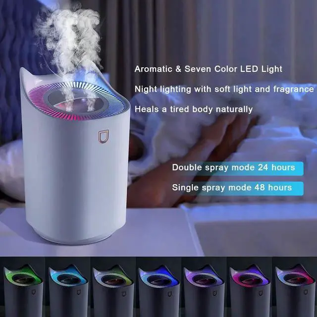 Alt view image 3 of 5 - 3L Cool Mist Humidifiers, Diffuser for Essential Oils,Quiet Ultrasonic Humidifier for Bedroom,Large Home,Baby Room,Plant,Up to 50 Hours Time with Adjustable Double Spray,Colorful Lights,Easy to Clean