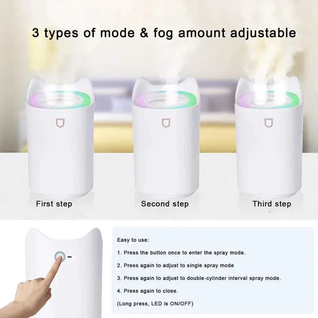 Alt view image 2 of 5 - 3L Cool Mist Humidifiers, Diffuser for Essential Oils,Quiet Ultrasonic Humidifier for Bedroom,Large Home,Baby Room,Plant,Up to 50 Hours Time with Adjustable Double Spray,Colorful Lights,Easy to Clean