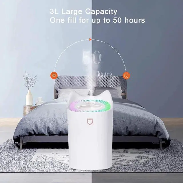 Alt view image 4 of 5 - 3L Cool Mist Humidifiers, Diffuser for Essential Oils,Quiet Ultrasonic Humidifier for Bedroom,Large Home,Baby Room,Plant,Up to 50 Hours Time with Adjustable Double Spray,Colorful Lights,Easy to Clean