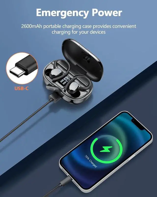 Alt view image 7 of 7 - TWS Ear buds Bluetooth Wireless Earbuds Sport Bluetooth 5.3 Headphones with LED Display 128H Playtime Powerful Bass Over Ear Earphones with Earhooks IP7 Waterproof for Gym/Running/Workout