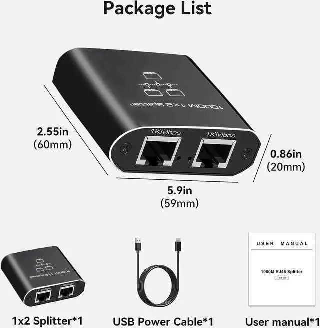 Alt view image 6 of 7 - Ethernet Splitter 1 to 2 High Speed, RJ45 Network 1 to 2 Port Ethernet Adapter Splitter [2 Devices Simultaneous Networking],1000Mbps Extension Connector with USB Power Cable for Cat5/5e/6/7/8 Cable