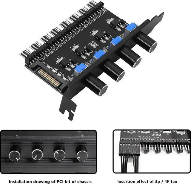 Alt view image 2 of 7 - Aomoproing 4 Knob Cooling Fan Speed Controller PC 8 Channels Fan Hub for CPU Case HDD VGA PWM Fan PCI Bracket 12V Fan Control- SATA Power Supply (SATA 4 Knob)