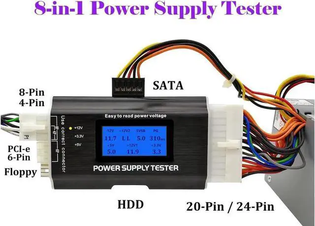Alt view image 4 of 6 - Computer PC Power Supply Tester, ATX / ITX / IDE / HDD / SATA / BYI Connectors Power Supply Tester, 1.8'' LCD Screen (Aluminum Alloy Enclosure) PC LCD Power Supply Tester 20/24 pin 4 SATA HDD Testers