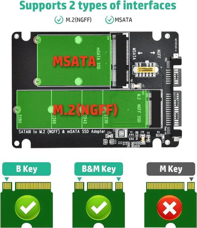 Alt view image 7 of 7 - Aomoproing M.2 to SATA Adapter - 2 in 1 Converter for MSATA/M.2 NGFF SSD to 2.5" SATA III, Supports B&M Key, Not for M Key