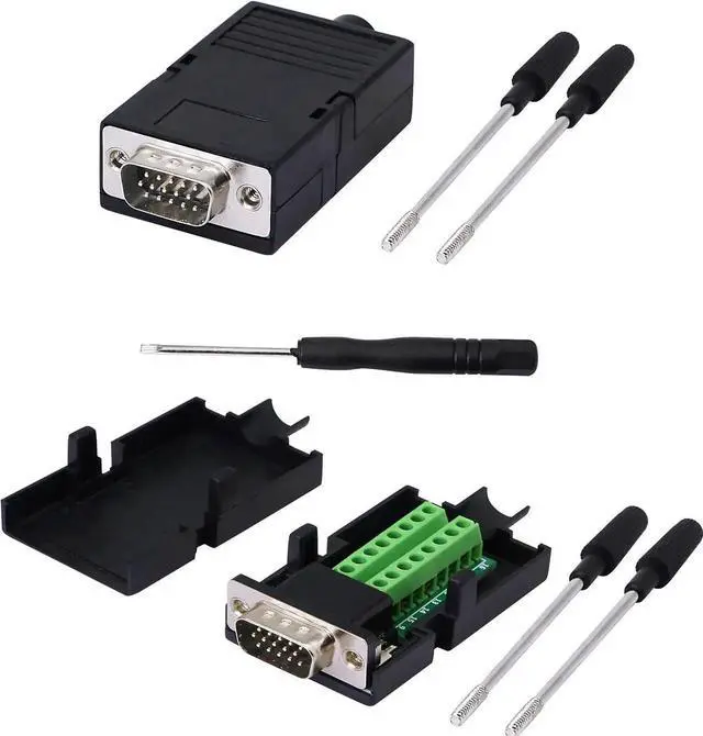 Main image of Aomoproing VGA DB15 Solderless Connector 3+9 D-SUB 15 Pin VGA 3 Row Breakout Board Adaptor with Case+Screwdriver(2-Pack Male)