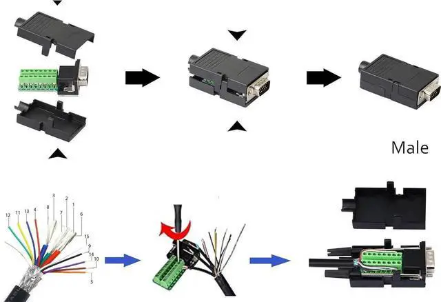Alt view image 6 of 6 - Aomoproing VGA DB15 Solderless Connector 3+9 D-SUB 15 Pin VGA 3 Row Breakout Board Adaptor with Case+Screwdriver(2-Pack Male)