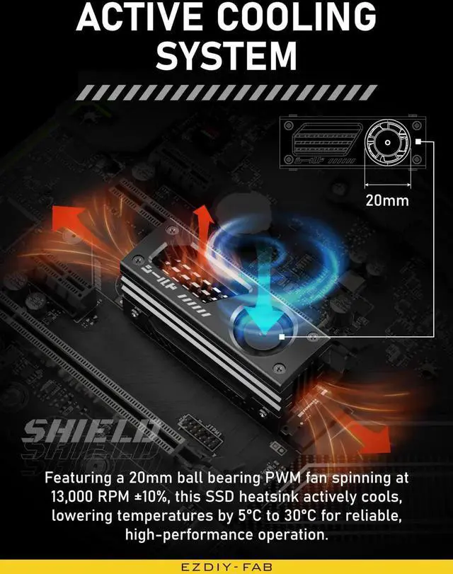Alt view image 2 of 6 - Aomoproing Shield M.2 SSD Heatsink with Build-in 20mm PWM Fan, Premium Aluminum Design, High-Performance SSD Cooler for M.2 2280-Black-1 Pack