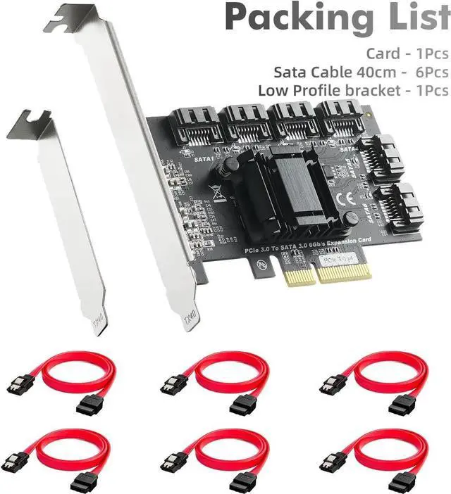 Alt view image 6 of 7 - Aomoproing PCIE X4 to SATA Card 6 Port, 6Gbps SATA 3.0 Controller, Includes 6 SATA Cables and Low Profile Bracket, for Windows 10/11