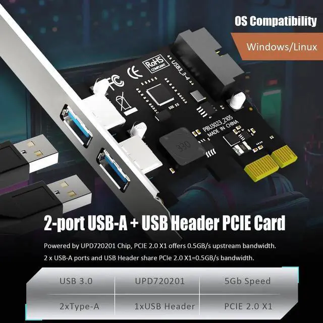 Alt view image 3 of 7 - Aomoproing U3055N 2-Port USB 3.0 Type-A and USB Header 5Gbps PCIe Expansion Card for Intel, AMD, and ARM Platform, Compatible with Windows and Linux (Not Support Mac OS)