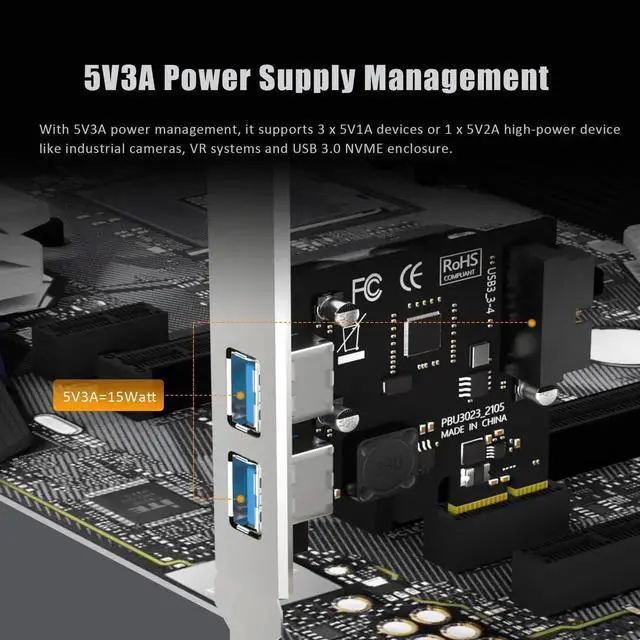 Alt view image 4 of 7 - Aomoproing U3055N 2-Port USB 3.0 Type-A and USB Header 5Gbps PCIe Expansion Card for Intel, AMD, and ARM Platform, Compatible with Windows and Linux (Not Support Mac OS)