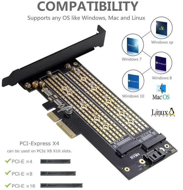Alt view image 5 of 7 - Aomoproing Dual M.2 PCIE Adapter for SATA or PCIE NVMe SSD with Advanced Heat Sink Solution,M.2 SSD NVME (m Key) and SATA (b Key) 22110 2280 2260 2242 2230 to PCI-e x 4 Host Controller Expansion Card