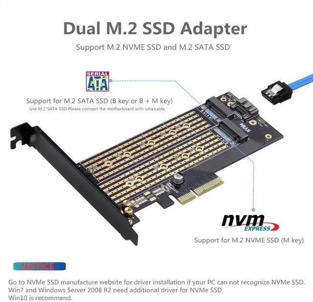 Alt view image 3 of 7 - Aomoproing Dual M.2 PCIE Adapter for SATA or PCIE NVMe SSD with Advanced Heat Sink Solution,M.2 SSD NVME (m Key) and SATA (b Key) 22110 2280 2260 2242 2230 to PCI-e x 4 Host Controller Expansion Card