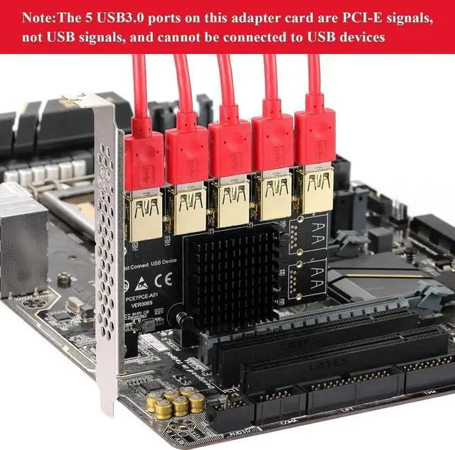 Alt view image 6 of 6 - Aomoproing PCI-E 1 to 5 USB Slots Riser Card - Higher Stability USB 3.0 Adapter Multiplier Card for Bitcoin Mining Compatible with Windows Linux Mac