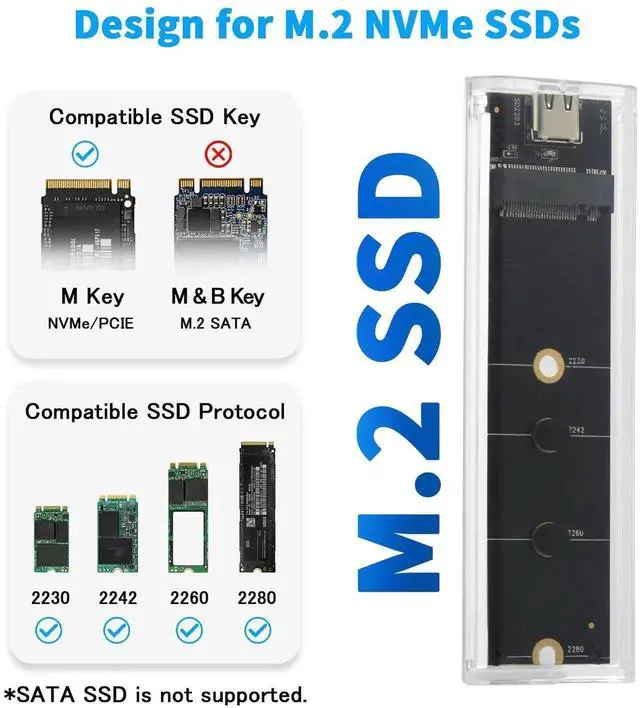 Alt view image 6 of 7 - Transparent M.2 NVMe SSD Enclosure with Colorful LED Lights, 10Gbps M2 SSD Enclosure Tool-Free NVMe to USB Adapter External Enclosure for M-Key SSD 2230 2242 2260 2280 Sizes Support UASP Trim