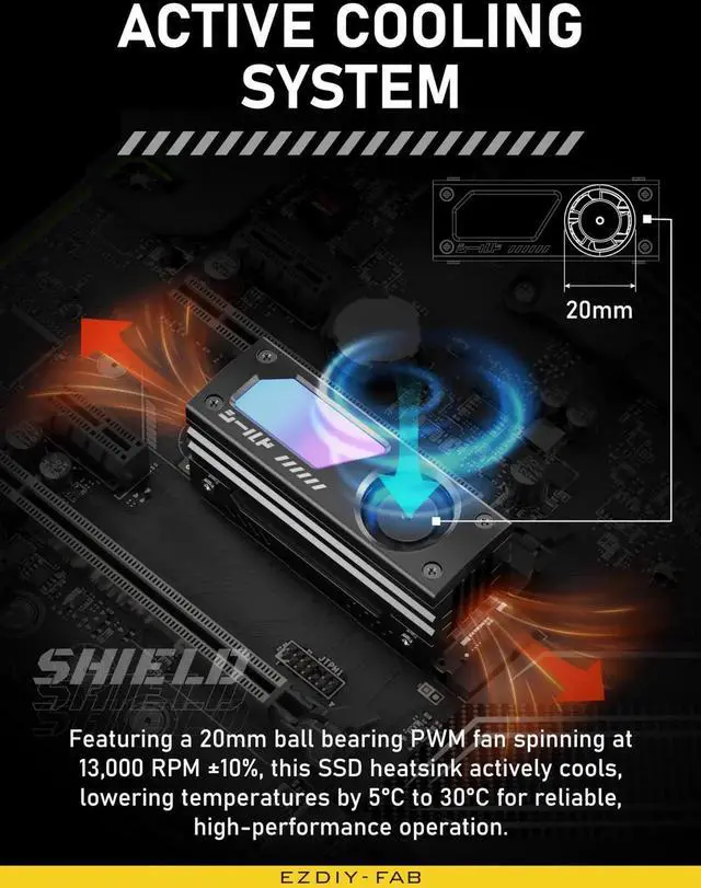 Alt view image 4 of 7 - Aomoproing Shield ARGB M.2 SSD Heatsink with Build-in 20mm PWM Fan, Premium Aluminum Design,5V 3-Pin ARGB Sync, High-Performance SSD Cooler for M.2 2280-Black-1 Pack