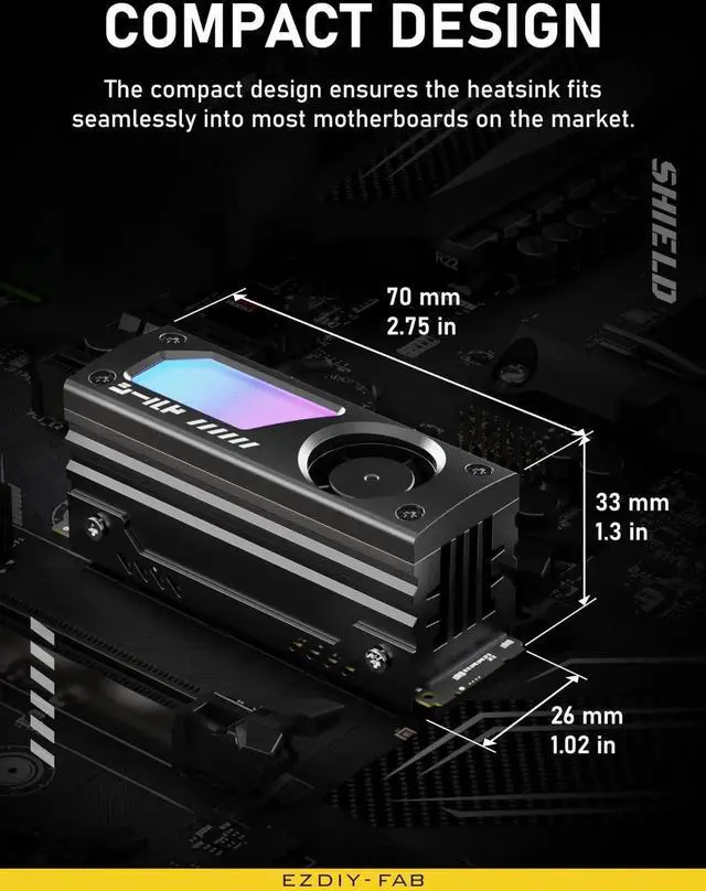 Alt view image 2 of 7 - Aomoproing Shield ARGB M.2 SSD Heatsink with Build-in 20mm PWM Fan, Premium Aluminum Design,5V 3-Pin ARGB Sync, High-Performance SSD Cooler for M.2 2280-Black-1 Pack