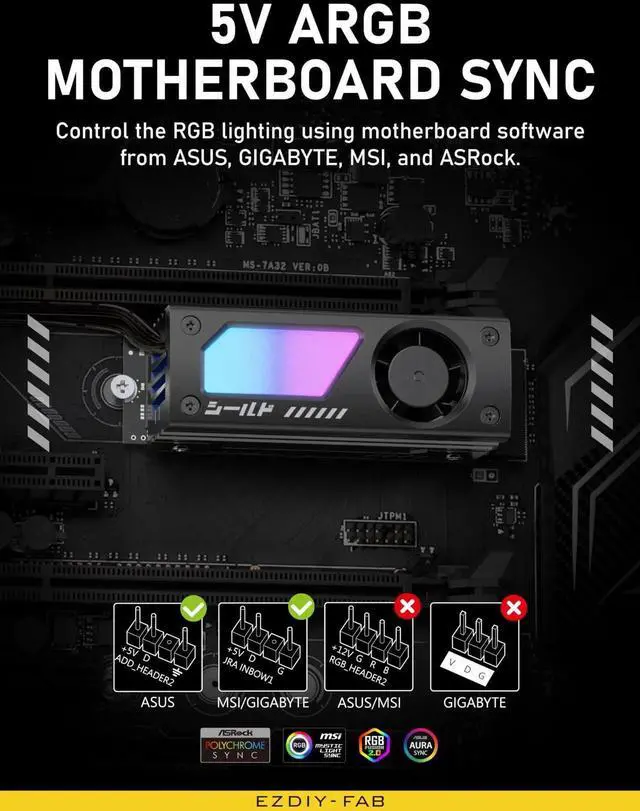 Alt view image 5 of 7 - Aomoproing Shield ARGB M.2 SSD Heatsink with Build-in 20mm PWM Fan, Premium Aluminum Design,5V 3-Pin ARGB Sync, High-Performance SSD Cooler for M.2 2280-Black-1 Pack