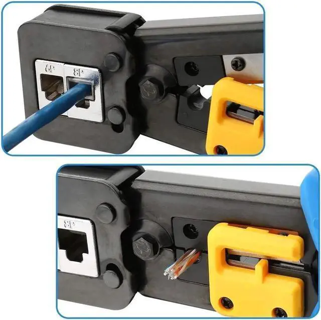 Alt view image 5 of 6 - Aomoproing RJ45 Crimp Tool Pass Through Cat5 Cat5e Cat6 Crimping Tool for RJ45/RJ12 Regular and End-Pass-Through Connectors with 50PCS CAT5 CAT5e Connectors, 50PCS Covers and Mini Wire Stripper