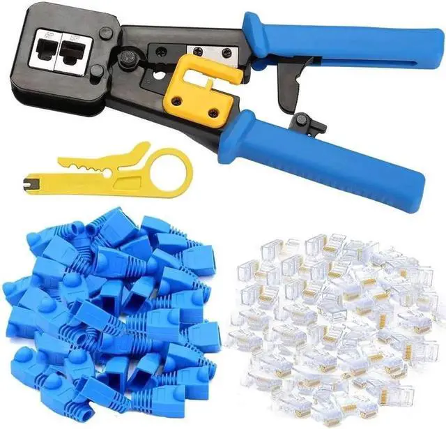 Main image of Aomoproing RJ45 Crimp Tool Pass Through Cat5 Cat5e Cat6 Crimping Tool for RJ45/RJ12 Regular and End-Pass-Through Connectors with 50PCS CAT5 CAT5e Connectors, 50PCS Covers and Mini Wire Stripper