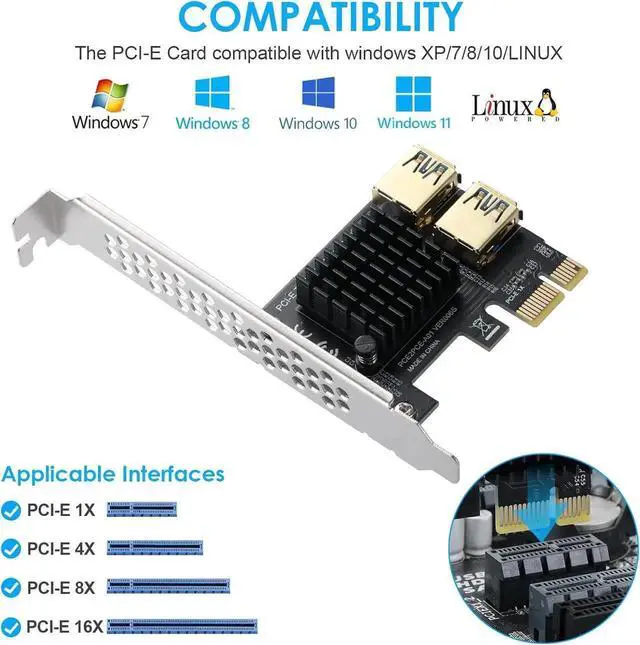 Alt view image 5 of 7 - Aomoproing PCI-E 1 to 2 PCI-Express 16X Slots Riser Card - Higher Stability USB 3.0 Adapter Multiplier Card for Bitcoin Mining Compatible with Windows Linux Mac(No USB Cables)