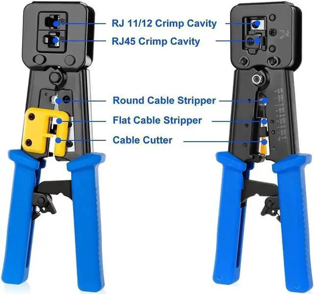 Alt view image 4 of 6 - J45 Crimp Tool Kit Pass Thru Cat5 Cat5e Cat6 RJ45 Crimping Tool with 20PCS RJ45 Cat6 Pass Through Connectors, 20PCS Covers, 1 Network Cable Tester,1 Wire Punch Down Cutter and 1 Mini Screwdriver
