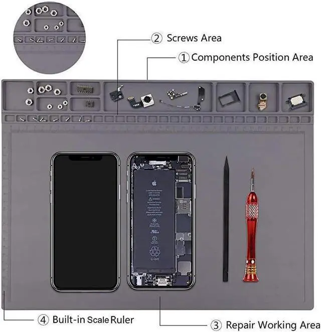Alt view image 2 of 6 - Aomoproing Anti-Static Mat ESD Safe for Electronic Includes ESD Wristband and Grounding Wire, Silicone Soldering Repair Mat 932°F Heat Resistant for iPhone iPad iMac, Laptop, Computer, 15.9 x 12 Grey