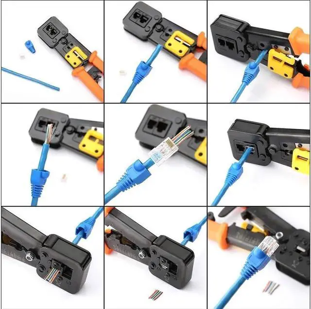 Alt view image 6 of 6 - Aomoproing RJ45 Crimp Tool Pass Through Cat5 Cat5e Cat6 Crimping Tool for RJ45/RJ12 Regular and End-Pass-Through CAT5e Connectors with 50PCS Connectors, 50PCS Covers and Network Wire Stripper