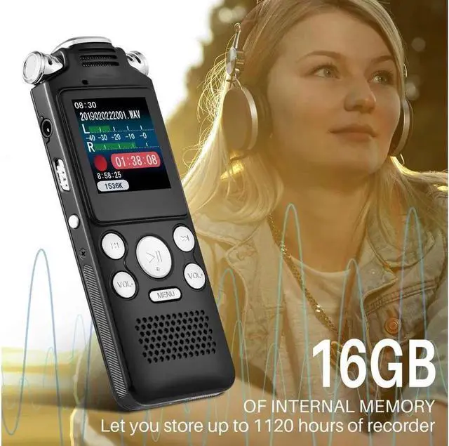 Alt view image 4 of 7 - Aomoproing 16GB digital recorder with variable speed playback, audio recorder, HD noise reduction dual microphone, MP3 player, for lectures, meetings, interviews noise reduction recording