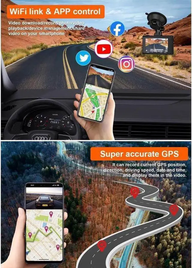 Alt view image 6 of 7 - Real 4K 5G WiFi Dual Dash Cam with WiFi GPS,2160P Car Camera with Free App,UHD4K+1080P Driving recorder,1.5Inch Car Camera,24/7 Parking Mode,Night Vision,Motion Detection,Gravity sensor,Loop Re