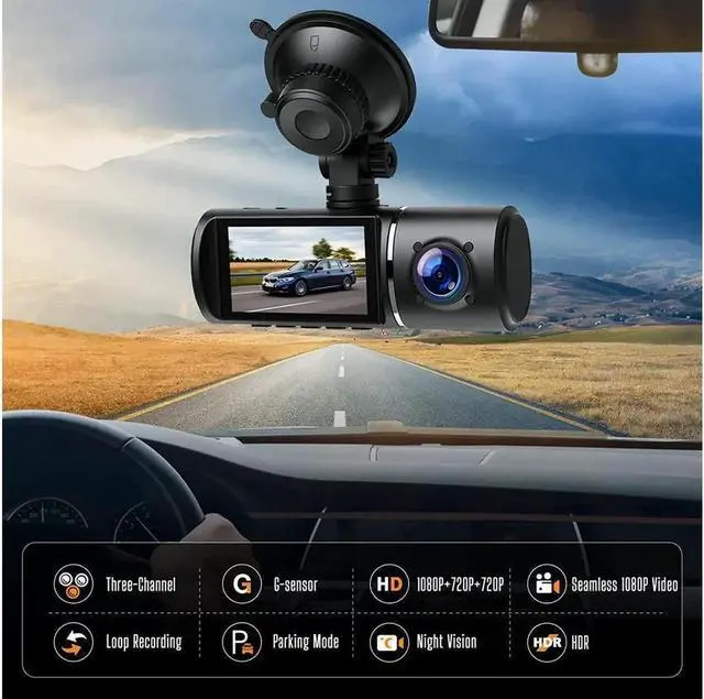 Alt view image 4 of 7 - 3 Channel Dash Cam 3 Channel 1080P+720P+720P Car Dvr Camera Driving Recorder,2.45Inch Car Camera,24/7 Parking Mode,Night Vision,Loop Recording,G-sensor,Seamless 1080P Video,HDR,Support 64GB Max