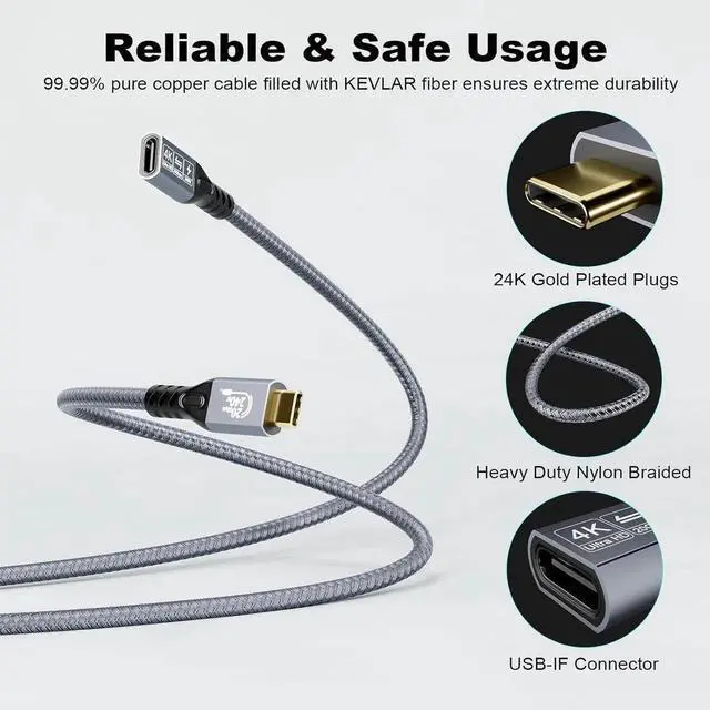 Alt view image 2 of 7 - Aomoproing 20Gbps USB C 3.2 Extension Cable, USBC 3.2 Gen2 Type-c Male to Female Extender Cable Ultra HD 4K@60Hz 240W Charging 20Gbps Data Transfer Compatible with External SSD eGPU