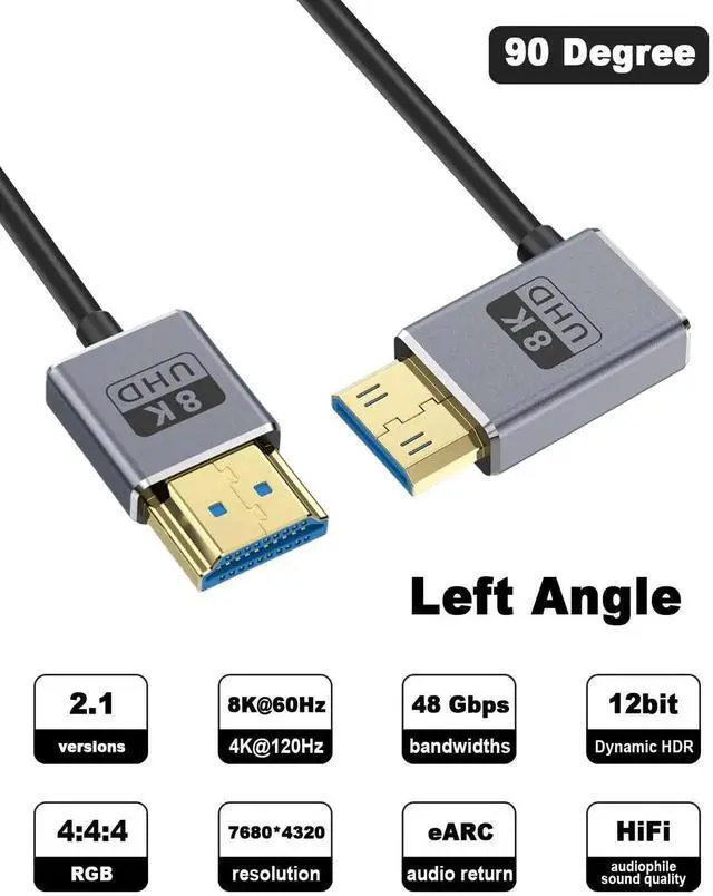 Alt view image 2 of 7 - AOMOPROING 8K Short HDMI to Mini HDMI Cable 1FT/30CM, 48Gbps Mini HDMI 2.1 Cord, Ultra Thin Left Angle Mini HDMI to HDMI Male Cable, Support High Speed 8K@60Hz, 4K@240Hz for Camera, Camcorder