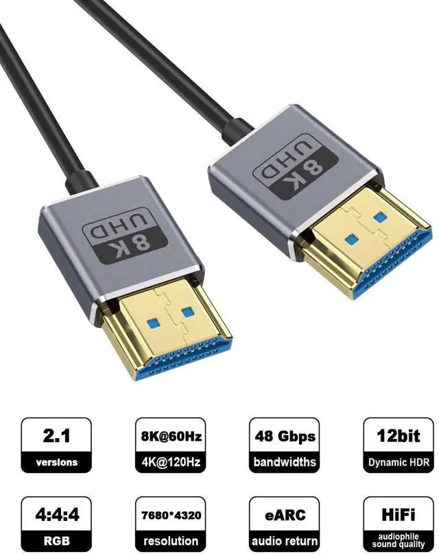 Alt view image 2 of 7 - AOMOPROING Ultra Thin 8K Short HDMI Cable 4FT, Ultra Thin/coaxial Short HDMI Male to Male Cable 48Gbps, HDMI 2.1 Cable OD2.5mm, Support 8K@60Hz, 4K@240Hz, eARC, for Camera, Monitor, HDTV 4 ft.