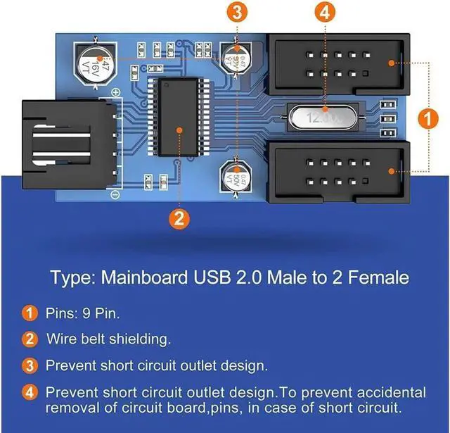 Alt view image 6 of 7 - Motherboard USB2.0 9pin USB Header Splitter Male 1 to 4 Female Extension Cable30cm Card Control PCB Board USB HUB 9-pin Splitter Adapter Port Multilier PWM Fan Splitter Cable 1 to 4 Converter