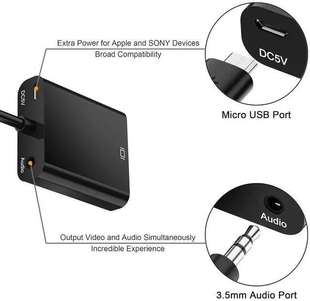 Alt view image 2 of 7 - AOMOPROING HDMI to VGA with Audio, Gold-Plated Active HDMI to VGA Adapter (Male to Female) with Micro USB Power Cable & 3.5mm Audio Cable for PS4, MacBook Pro, Mac Mini, Apple TV and More - Black 2pac