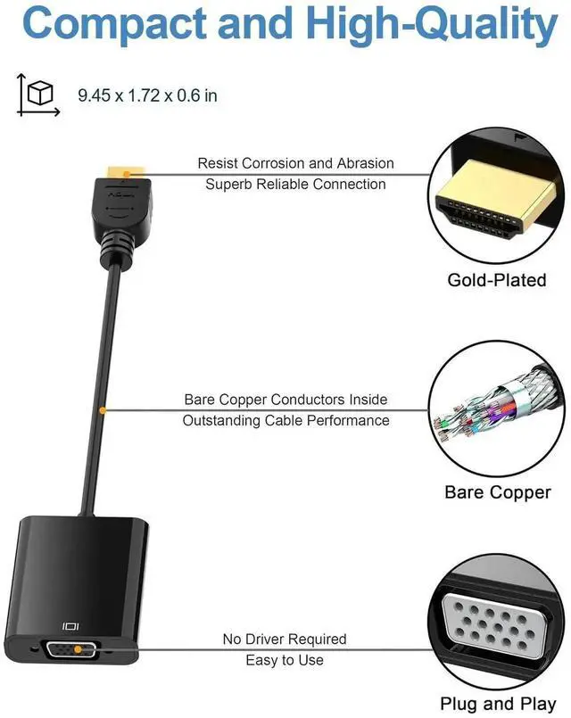Alt view image 7 of 7 - AOMOPROING HDMI to VGA with Audio, Gold-Plated Active HDMI to VGA Adapter (Male to Female) with Micro USB Power Cable & 3.5mm Audio Cable for PS4, MacBook Pro, Mac Mini, Apple TV and More - Black 2pac
