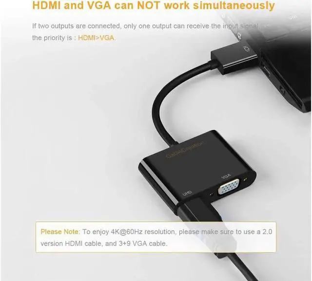 Alt view image 7 of 7 - AOMOPROING DisplayPort to HDMI VGA Adapter, CableCreation 2 in 1 DP Hub DP to HDMI VGA Converter, HDMI 2.0 Support UHD 4K@60Hz Video/ Audio, Black